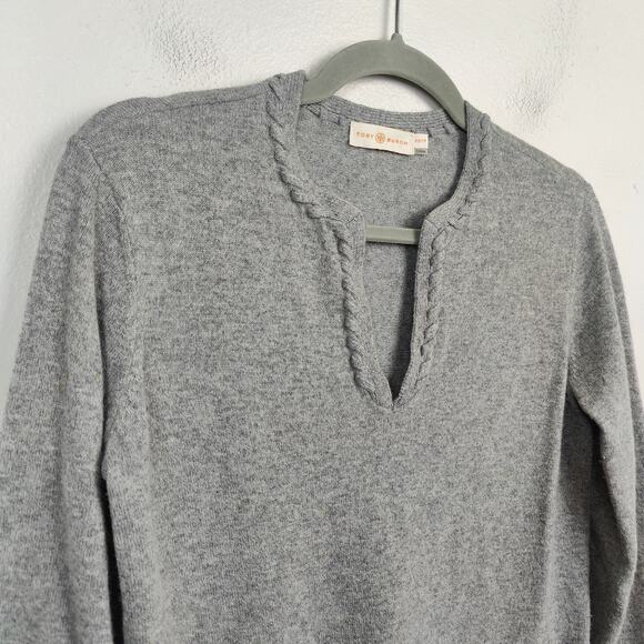 Tory Burch Cashmere Sweater‎ Womens XS Gray Heather Split Neck Front Pockets - Picture 2 of 9